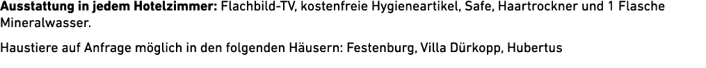 Ausstattung in jedem Hotelzimmer: Flachbild TV, kostenfreie Hygieneartikel, Safe, Haartrockner und 1 Flasche Mineralw...