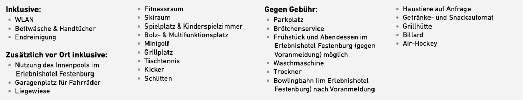 Inklusive: • WLAN • Bettw sche & Handt cher • Endreinigung Zus tzlich vor Ort inklusive: • Nutzung des Innen­pools im...