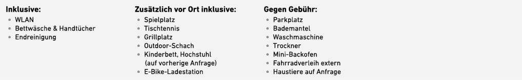 Inklusive: • WLAN • Bettw sche & ­Handt cher • Endreinigung Zus tzlich vor Ort ­inklusive: • Spielplatz • Tischtennis...