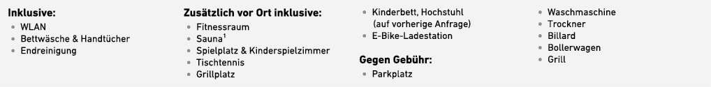 Inklusive: • WLAN • Bettw sche & Handt cher • Endreinigung Zus tzlich vor Ort inklusive: • Fitnessraum • Sauna¹ • Spi...