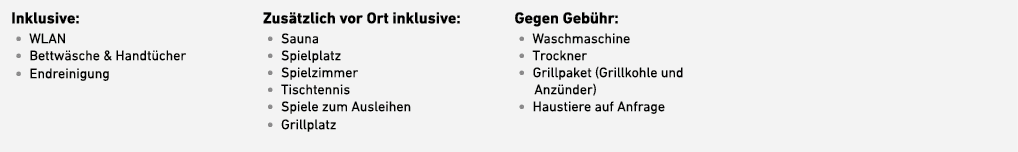 Inklusive: • WLAN • Bettw sche & Handt cher • Endreinigung Zus tzlich vor Ort inklusive: • Sauna • Spielplatz • Spiel...