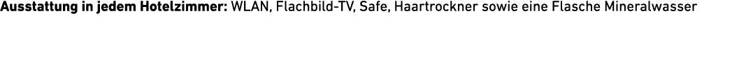 Ausstattung in jedem Hotelzimmer: WLAN, Flachbild TV, Safe, Haartrockner sowie eine Flasche Mineralwasser